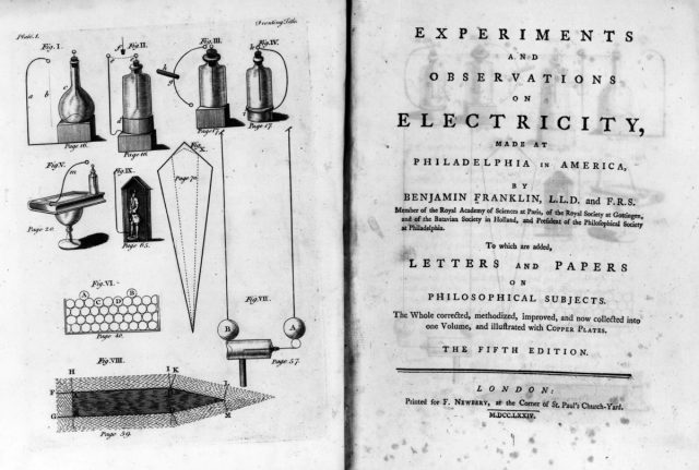  Circa 1750: The title page from the 5th edition of Benjamin Franklin's scientific book<em>Experiments and Observations on Electricity.</em>