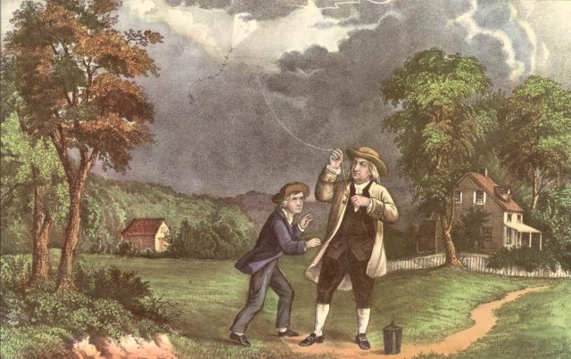 A Currier & Ives lithograph of Benjamin Franklin and his son William using a kite and key during a storm to prove that lightning was electricity, June 1752.