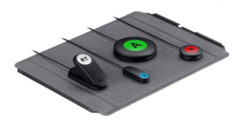 The four button types included in the 12-button Logitech Adaptive Gaming Kit bundle, along with one of its two "hook-and-loop" mounting boards.