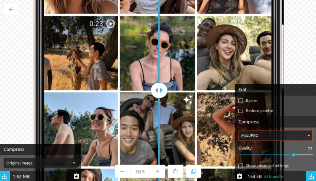 Google Labs' Squoosh.app uses WebAssembly to let you play with image storage and compression techniques; wipe a bar from left to right to see the difference between original and compressed versions in real time.