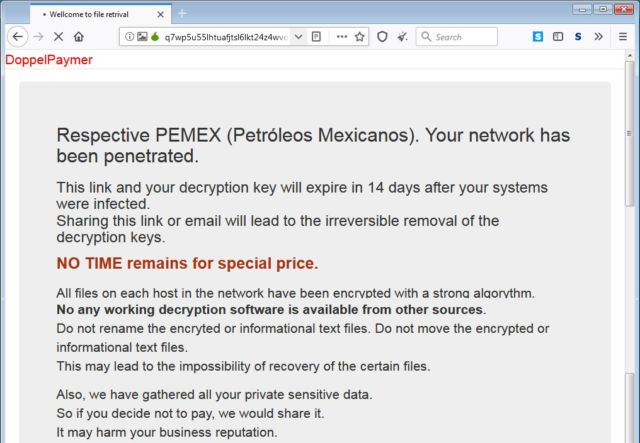 The PEMEX Tor payment site was widely posted on social media.