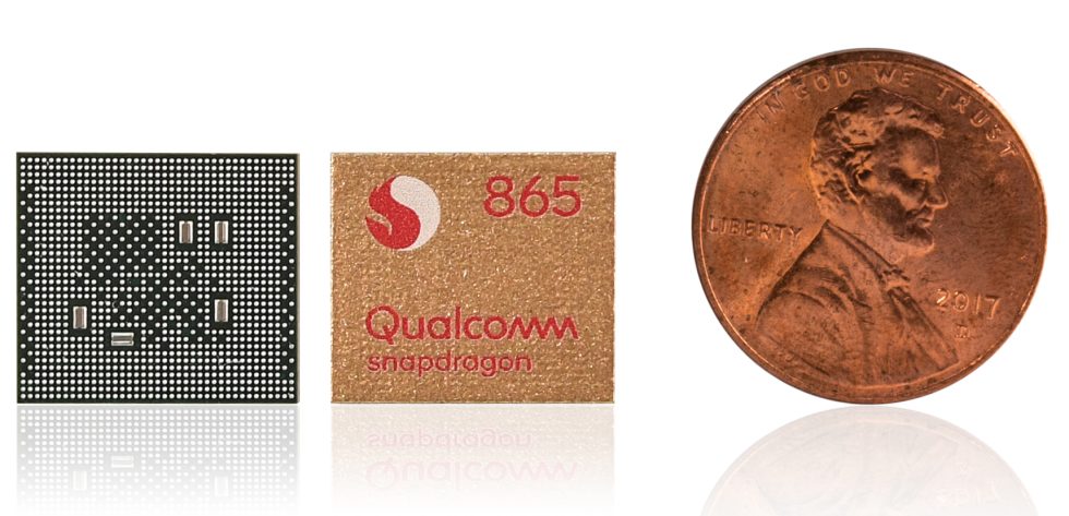 The Snapdragon 865 with a penny for scale.