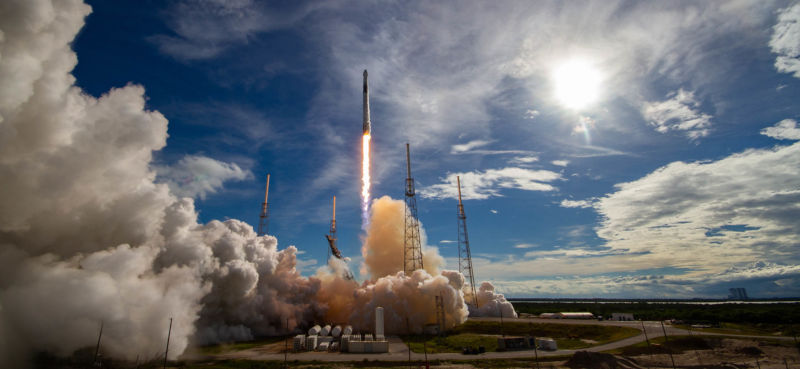 Space Ship Launch Rocket With Fire Trace And Smoke In Blue Sky