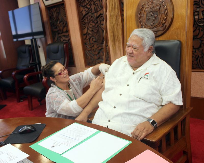 Prime Minister Tuilaepa Sailele Malielegaoi receiving a measles vaccine to support the Mass Vaccination Drive