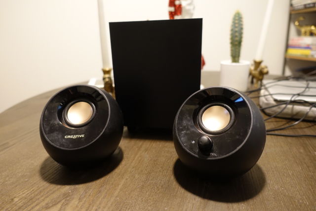 The Creative Pebble Plus 2.1 desktop speakers.