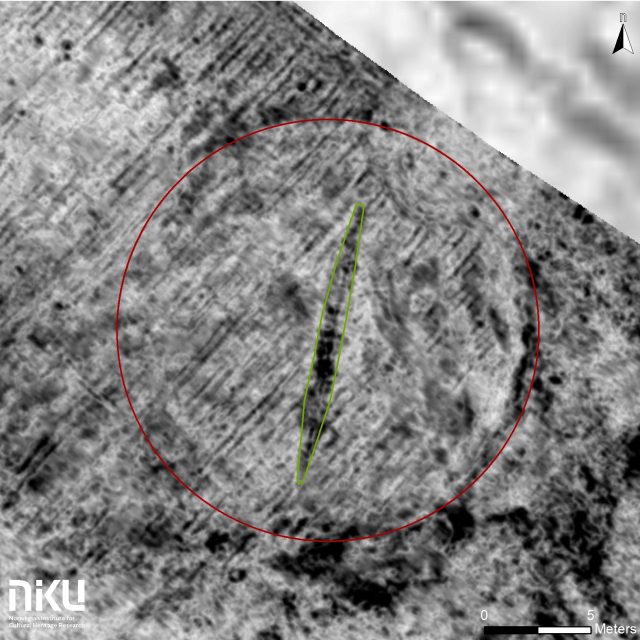 Archaeology This aerial radar image shows the buried ship, surrounded by traces of a ditch.