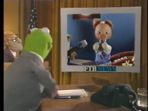 Khryusha the Pig and Kermit the Frog chat on a popular Soviet children's show.