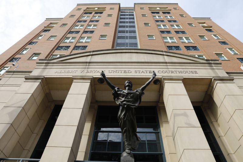 The Blind Justice statue standing outside of District Court in Alexandria, Virginia, US, on Thursday, Aug. 16, 2018.