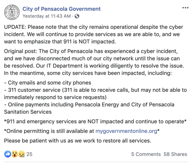 A Pensacola city-government Facebook update on the ransomware attack.