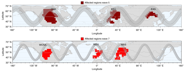 The areas identified as seeing much higher chances of heatwaves during five-meander (top) and seven-meander jet stream patterns.