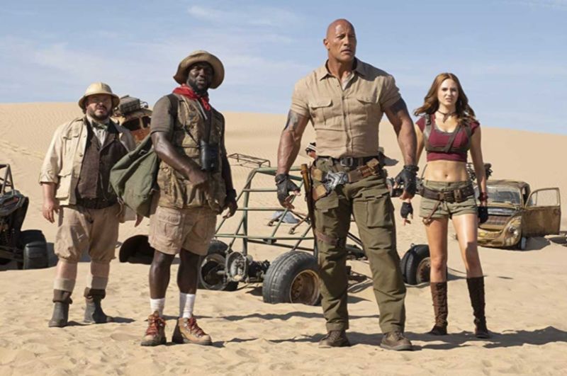 Jack Black, Kevin Hart, Dwayne Johnson, and Karen Gillan star in <em>Jumanji: The Next Level</em>.