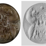 The agate sealstone depicts a detailed ritual scene involving two lion-like spirits called genii.