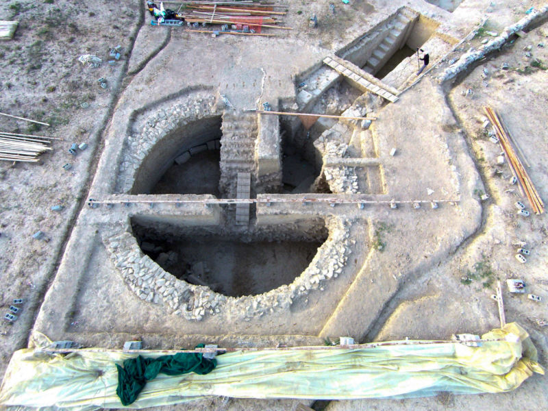 Color aerial photo of excavated Greek tomb.