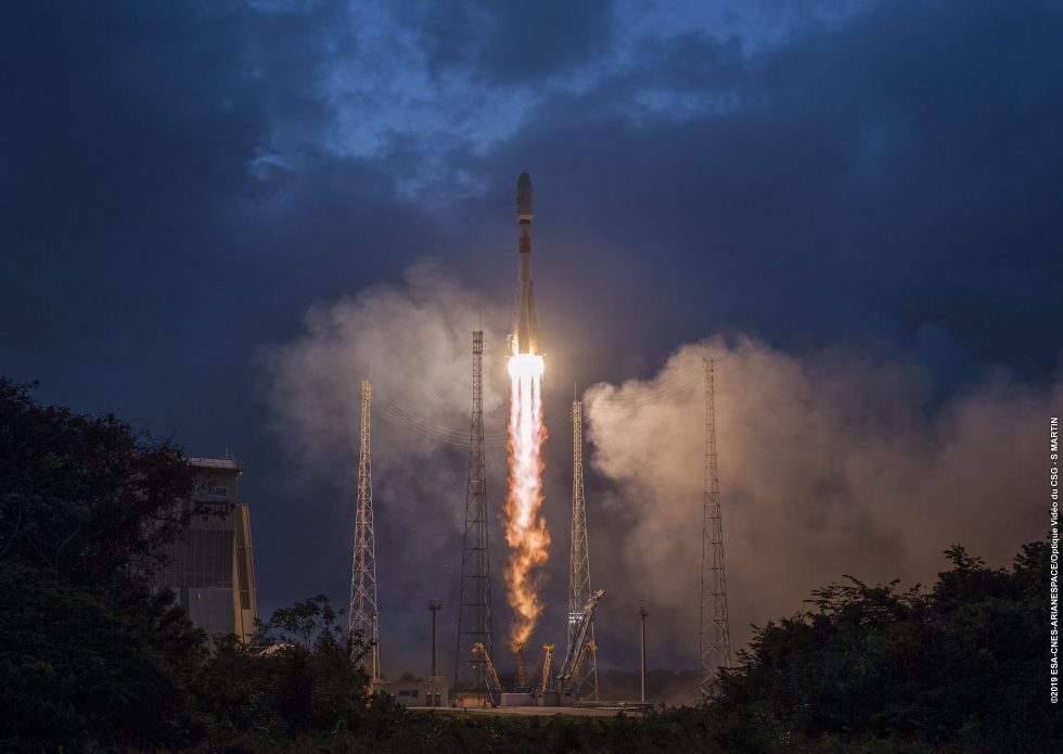 Soyuz ascends from the Spaceport in French Guiana in February 2019 carrying the first six satellites for OneWeb.