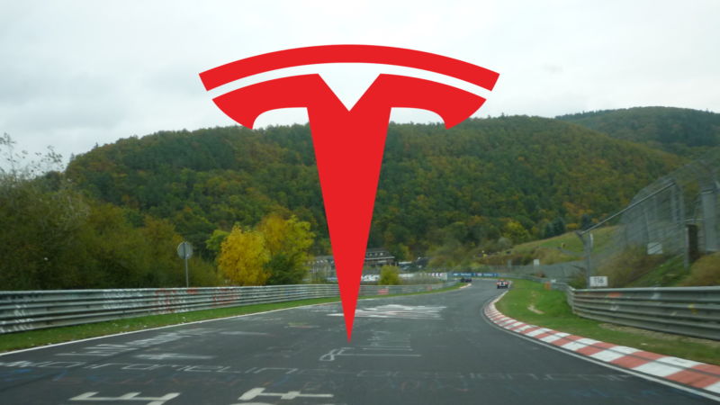 A picture of the Nurburgring with the Tesla logo overlaid on top.