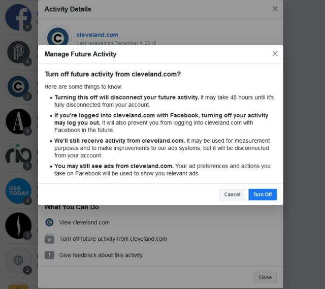 Facebook warning you that disconnecting something from your account will, in fact, disconnect it from your account.