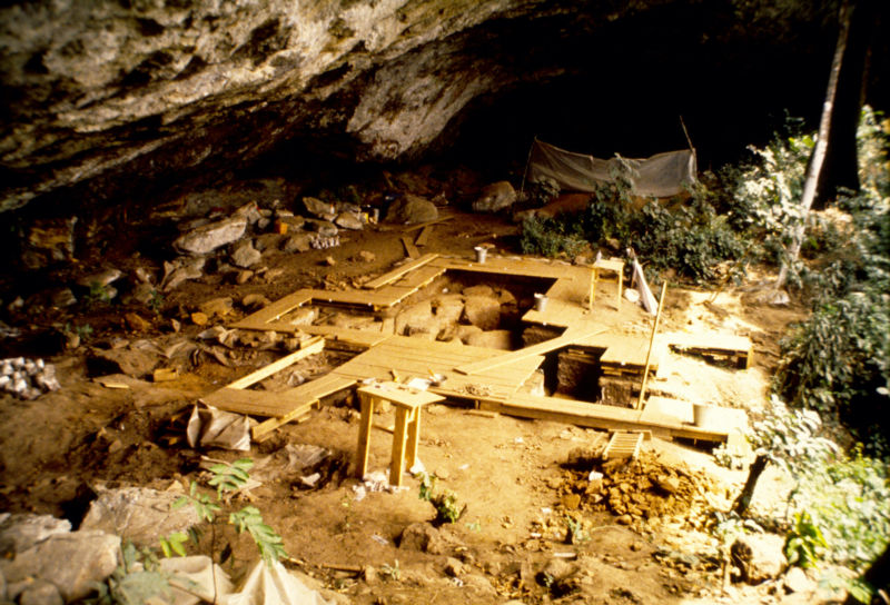 Image of boards surrounding trenches under a rock overhang.