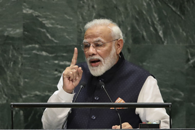 Indian prime minister Narendra Modi addresses the United Nations General Assembly in 2019.