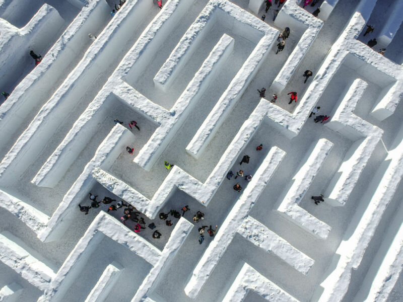 Aerial photograph of large outdoor maze.