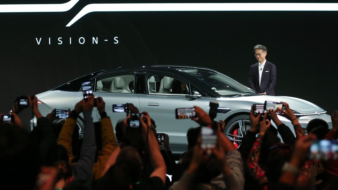 Sony President and CEO Kenichiro Yoshida unveils the Sony Vision-S electric concept car during a Sony press event for CES 2020 at the Las Vegas Convention Center on January 6, 2020 in Las Vegas, Nevada.