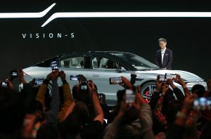 Sony President and CEO Kenichiro Yoshida unveils the Sony Vision-S electric concept car during a Sony press event for CES 2020 at the Las Vegas Convention Center on January 6, 2020 in Las Vegas, Nevada.