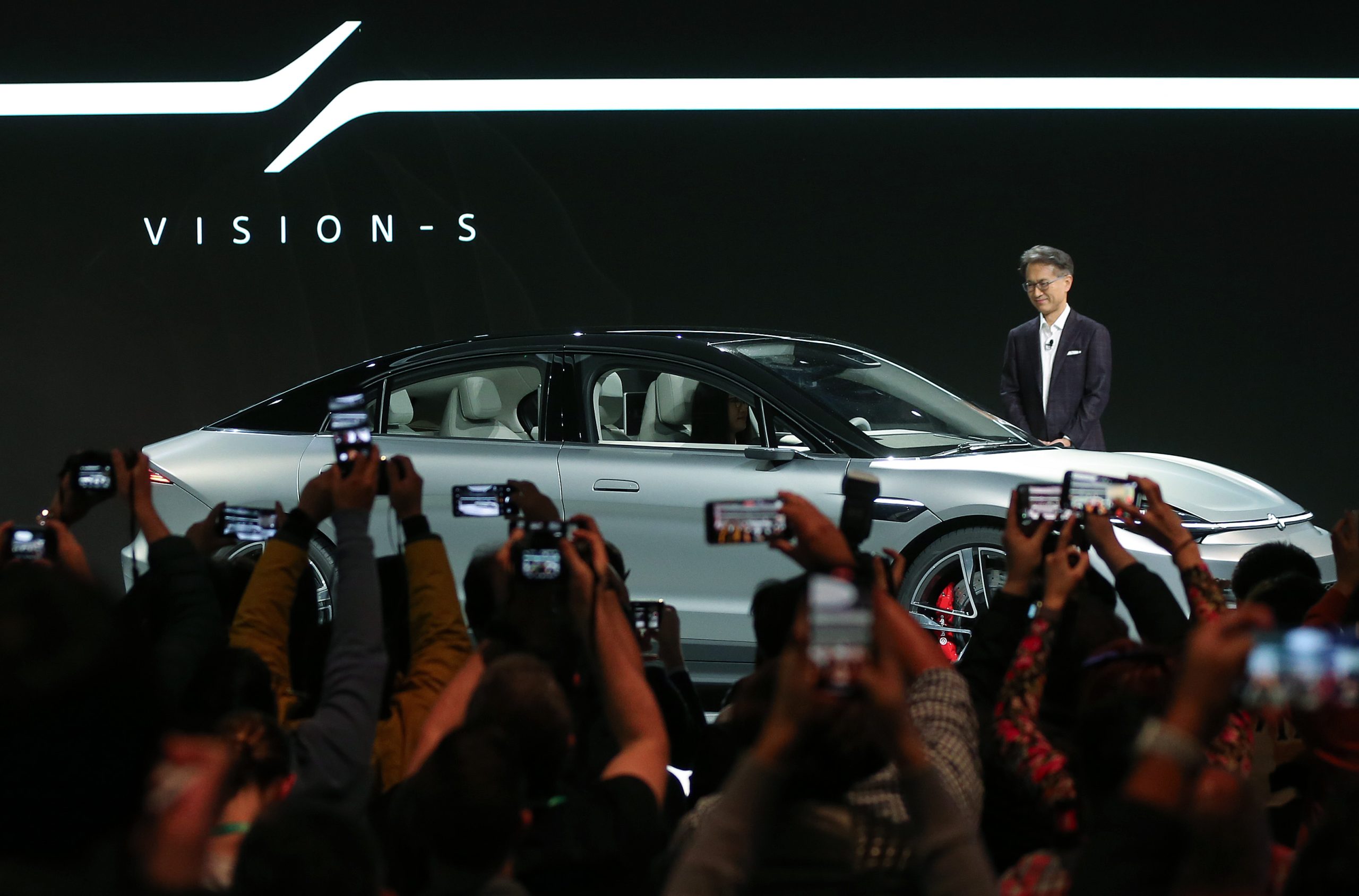 Sony President and CEO Kenichiro Yoshida unveils the Sony Vision-S electric concept car during a Sony press event for CES 2020 at the Las Vegas Convention Center on January 6, 2020 in Las Vegas, Nevada.