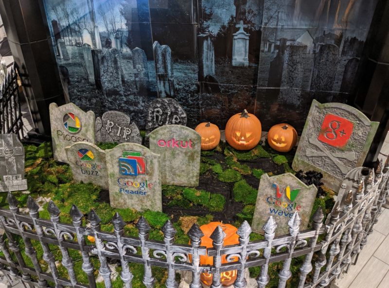 Cada lápida de este cementerio decorativo en miniatura corresponde a un producto de Google desaparecido.