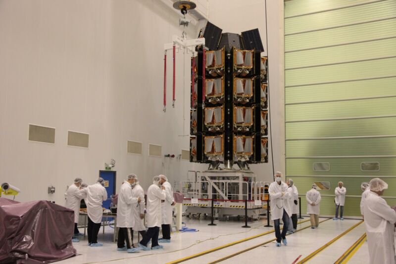 A stack of OneWeb satellites is shown before a launch at Baikonur in Kazakhstan.