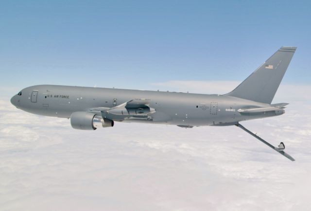 Boeing's KC-46 aerial refueling tanker conducts receiver-compatibility tests with a US Air Force C-17 Globemaster III from Joint Base Lewis-McChord in 2016.