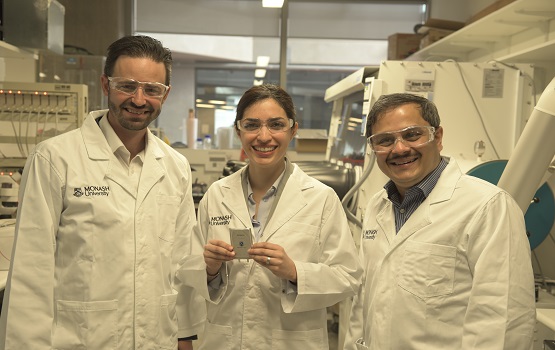 Monash University Associate Professor Matthew Hill, Dr. Mahdokht Shaibani, and Professor Mainak Majumder with the lithium-sulphur battery design.