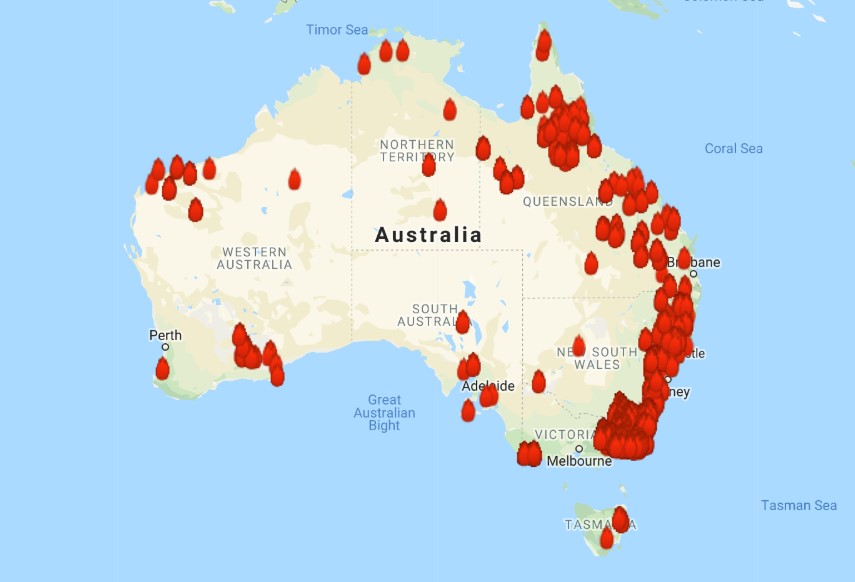 Most recent map of active fires in Australia.