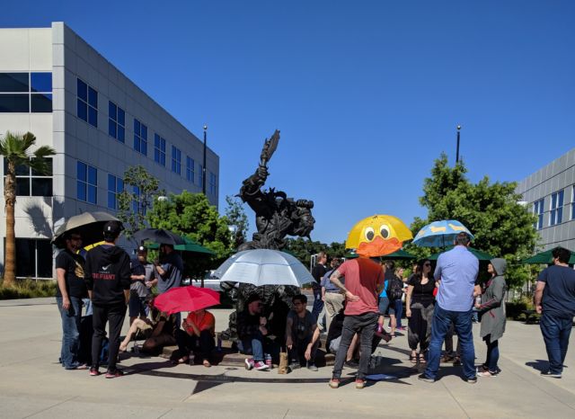 Blizzard employees participating in a walkout to protest the company's Hong Kong protest policies in 2019.