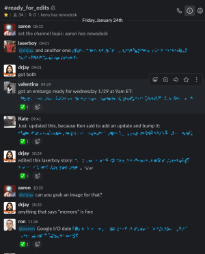 A typical morning in the <code>#readyforedits</code> channel as stories come in for the newsdesk to edit and schedule.