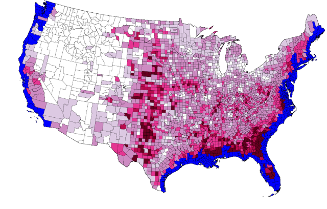 Blue colors represent counties that will lose land to the ocean. Red/purple colors represent counties that will see increased migration, with the shade proportional to the increase.