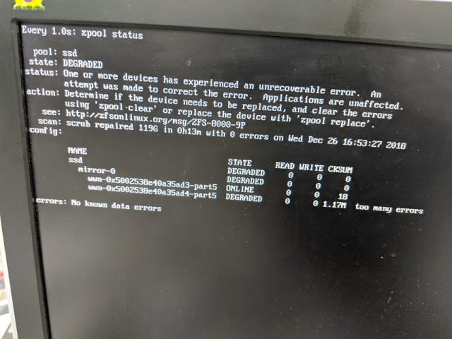 Yes, that's more than one MILLION blocks that returned bad data on one disk in the mirror—and another 18 on the other disk, just for good measure. "No known data errors."