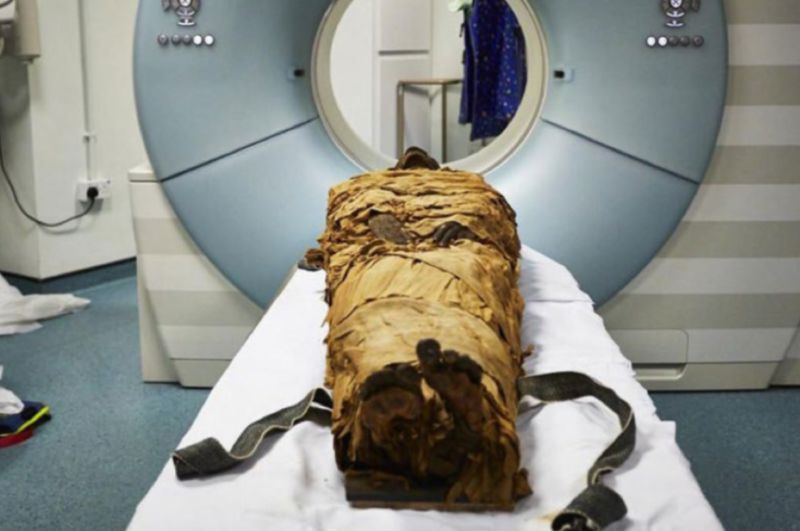 The mummy of Nesyamun, a priest who lived in Thebes about 3,000 years ago, is ready for his CT scan.