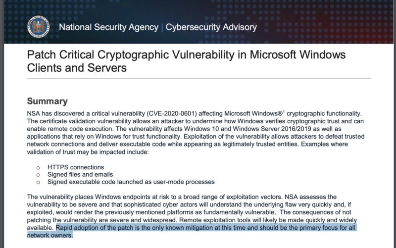 Screenshot of NSA warning.