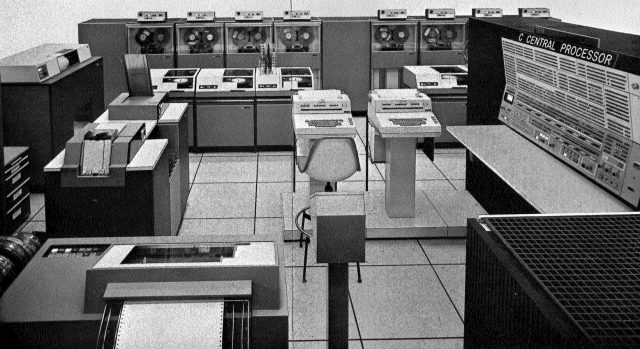 A portion of the Real Time Computer Complex located on the first floor of the Mission Control Complex in Houston. NASA used multiple IBM System/360 mainframes to power each Apollo mission on the ground, but the Apollo spacecraft didn't have nearly enough room for a mainframe on board.