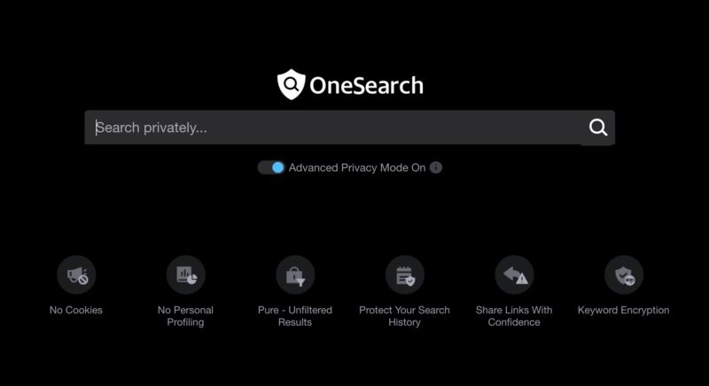 Screenshot from Verizon's OneSearch website, which shows a search box and promises that Verizon won't invade your privacy.