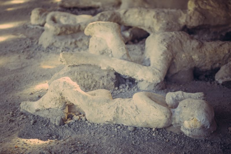 Plaster casts of victims of the eruption of Mount Vesuvius in 79 CE.