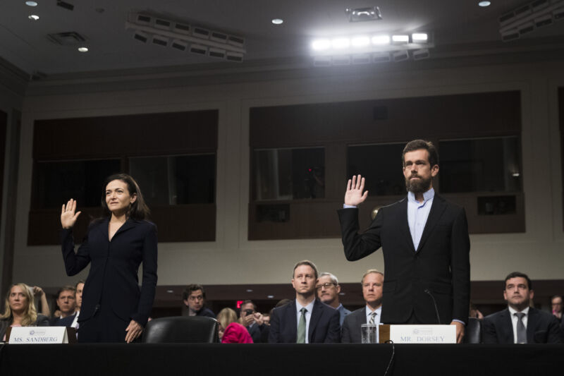 Facebook COO Sheryl Sandberg and Twitter CEO Jack Dorsey testified before the Senate Intelligence Committee regarding foreign influence operations' use of their social media platforms on September 5, 2018.