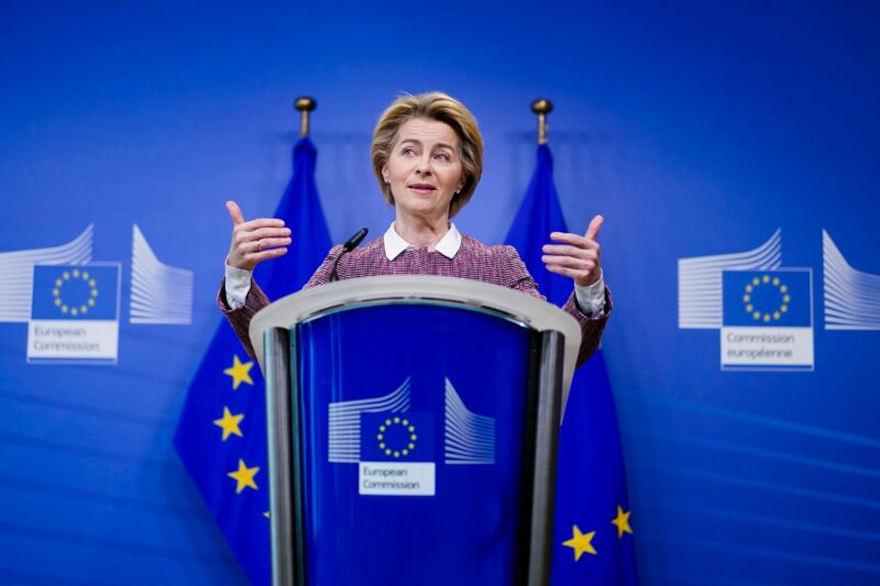 European Commission President Ursula von der Leyen launching "A Europe fit for the Digital Age" initiative at a press conference on February 19, 2020 in Brussels.