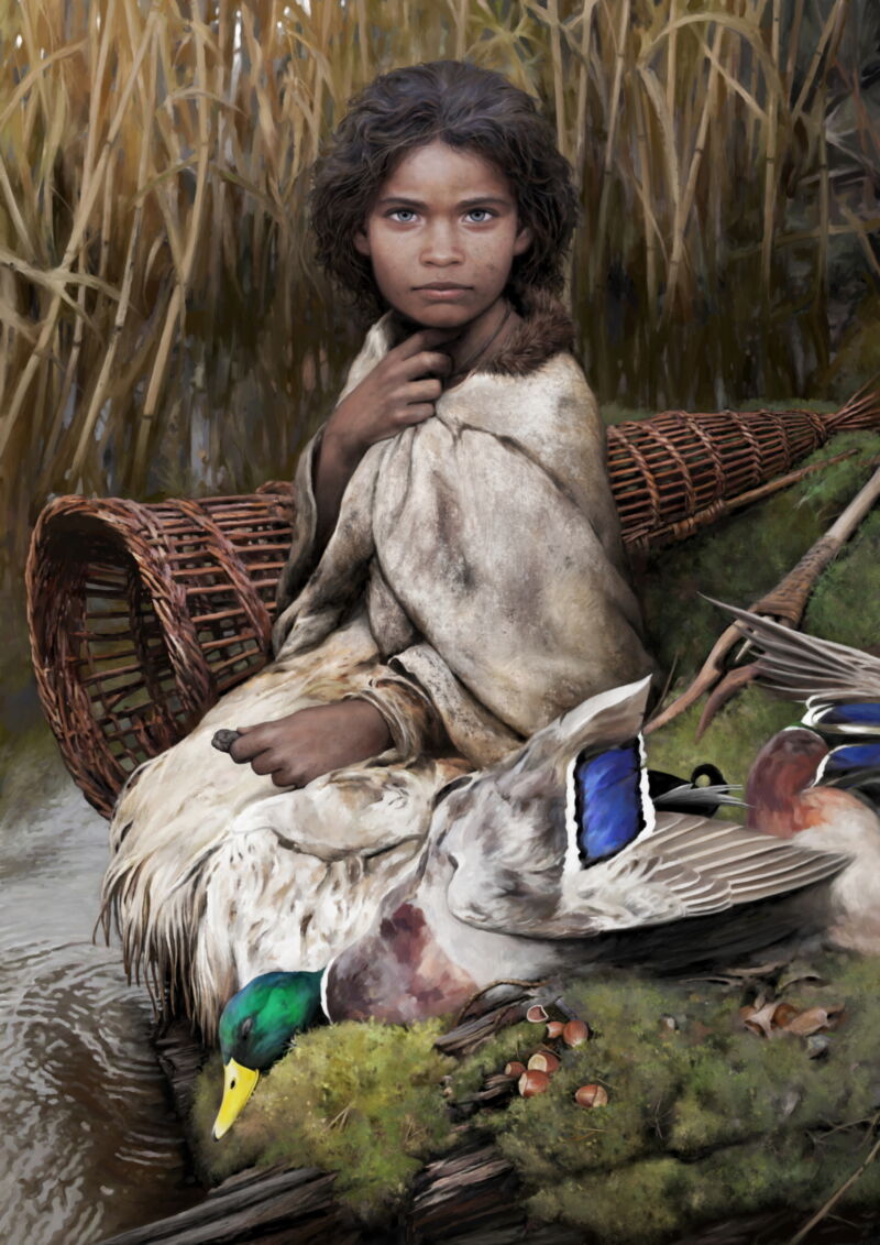 This artist's reconstruction shows "Lola" as a young girl, with items that likely would have been part of her daily life, but we have no way of knowing how old she was when she chewed and discarded the lump of birch-bark pitch.