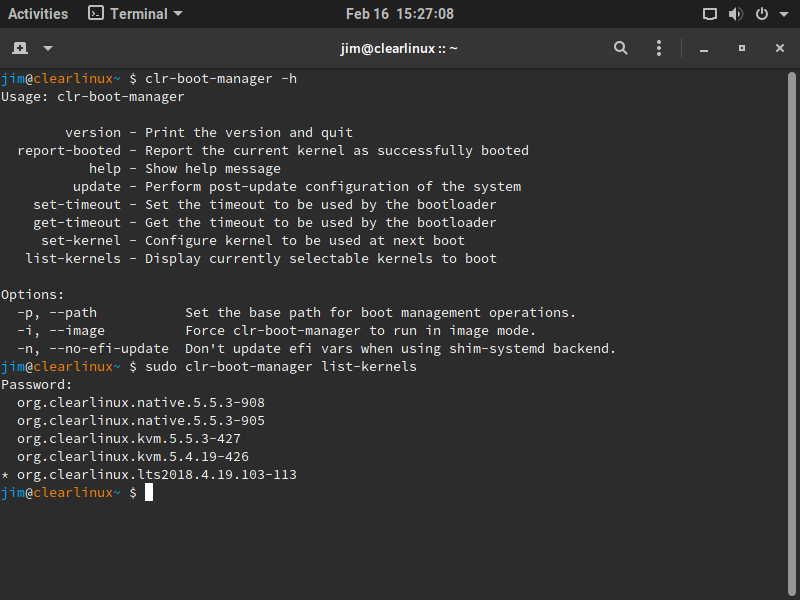 Værktøjet clr-boot-manager ser ret ligetil ud-<code>swupd bundle-add kernel-lts2018</code>men ikke alle mulighederne virkede.