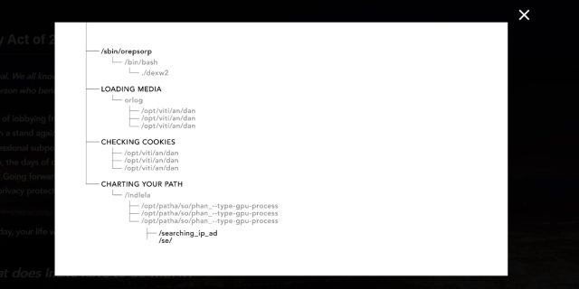 A screenshot of a popup window featuring "code" that claims to be analyzing cookies and other information on the user's computer, and includes the heading, "charting your path."