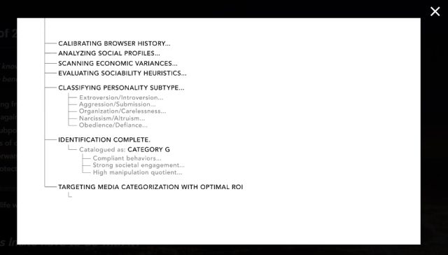 A screenshot of a popup showing more "code," pruporting to examine the user's browser history, social profiles, "economic variances," "sociability heuristics," and "personality subtype" for delivery of media that will return "optimal ROI."
