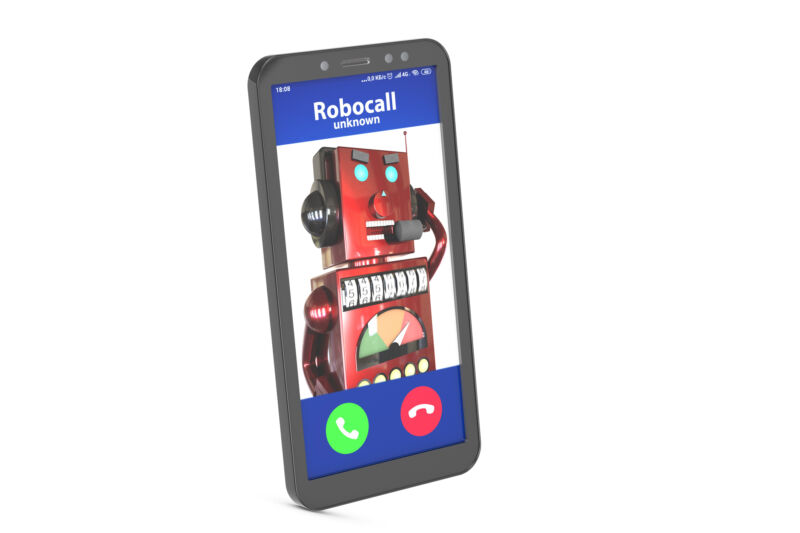 Illustration of a smartphone receiving a robocall, with a picture of a robot on the screen.