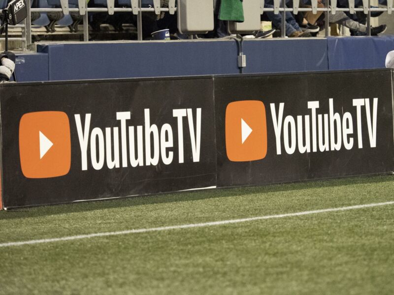 The YouTube TV logo seen on the sidelines at a Major League Soccer game.