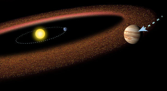 Cartoon of the Sun, Earth, and Jupiter, with a diffuse collection of asteroids.