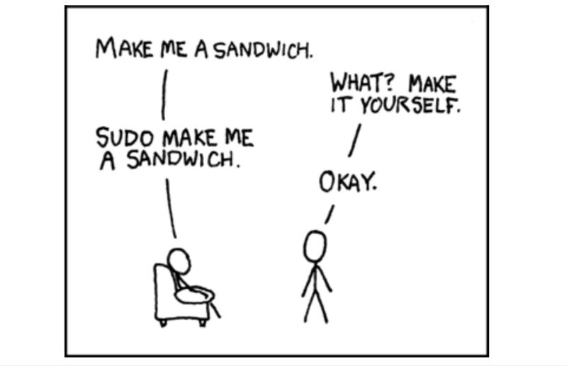An excerpt from the xkcd comic strip parodies sudo.